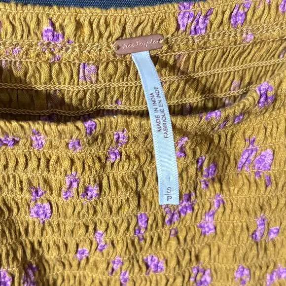 Free People Smocked Crop Top Ditsy Floral Mustard Magenta Boho Sz S - Picture 5 of 5